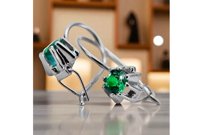 Ασήμι 925 14k 583 Emerald Σκουλαρίκια vec053s Russian Soviet USSR Vintage craft Art Deco style